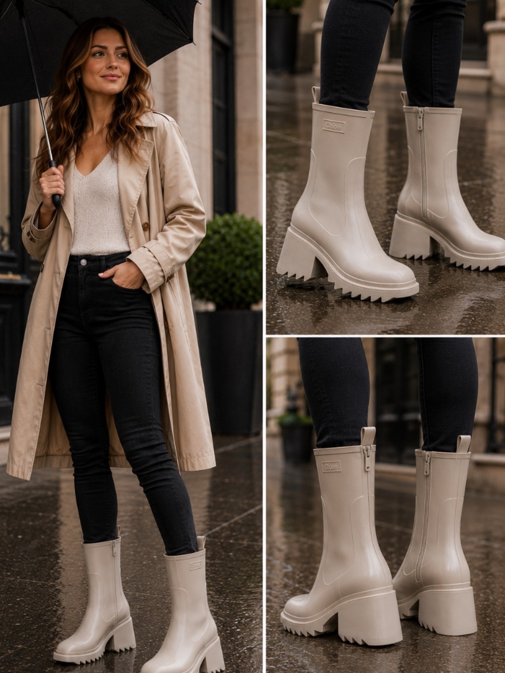 Chloé Taupe Cream Lug-Sole Rubber Ankle Boots